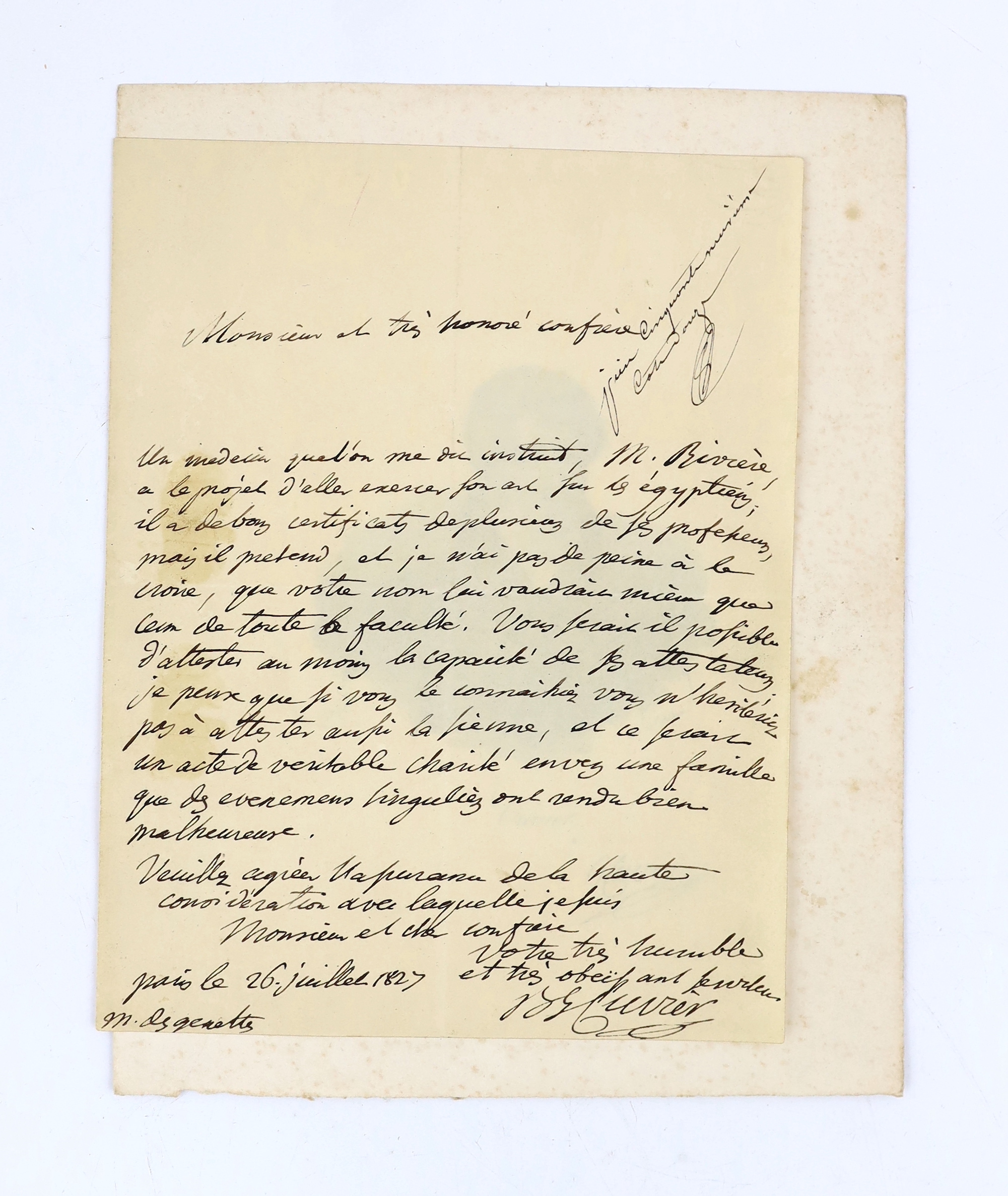 Post-revolutionary France, 1827-1854, i. Jean Leopold Nicolas Frederic Cuvier (1769-1832), French naturalist and zoologist; letter to [René-Nicolas Dufriche], Baron Desgenettes; Paris, 26 July 1827 	